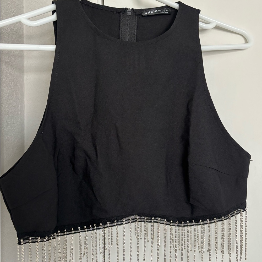 Elegant Black Crop Top with Fringe Detail